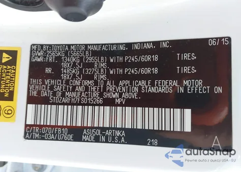 2015 Toyota Highlander Le from USA, damaged, VIN 5TDZARFH7FS015266